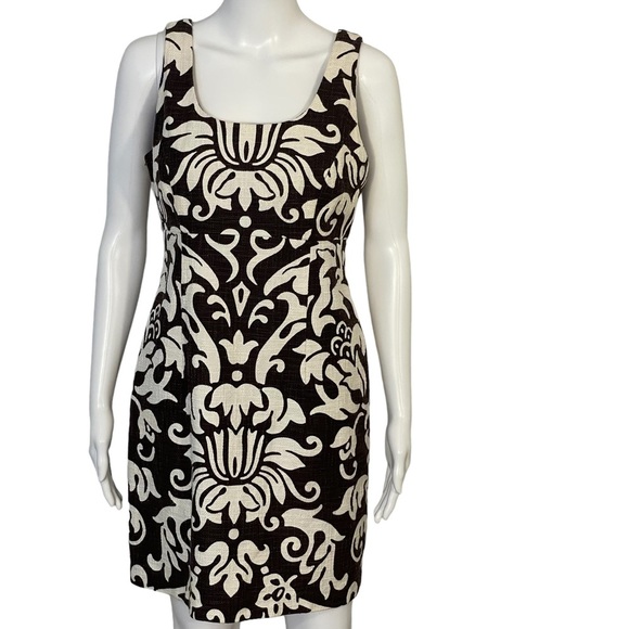 INC International Concepts Brown White Damask Floral Sleeveless Shift Dress Sz 6 - Picture 1 of 8